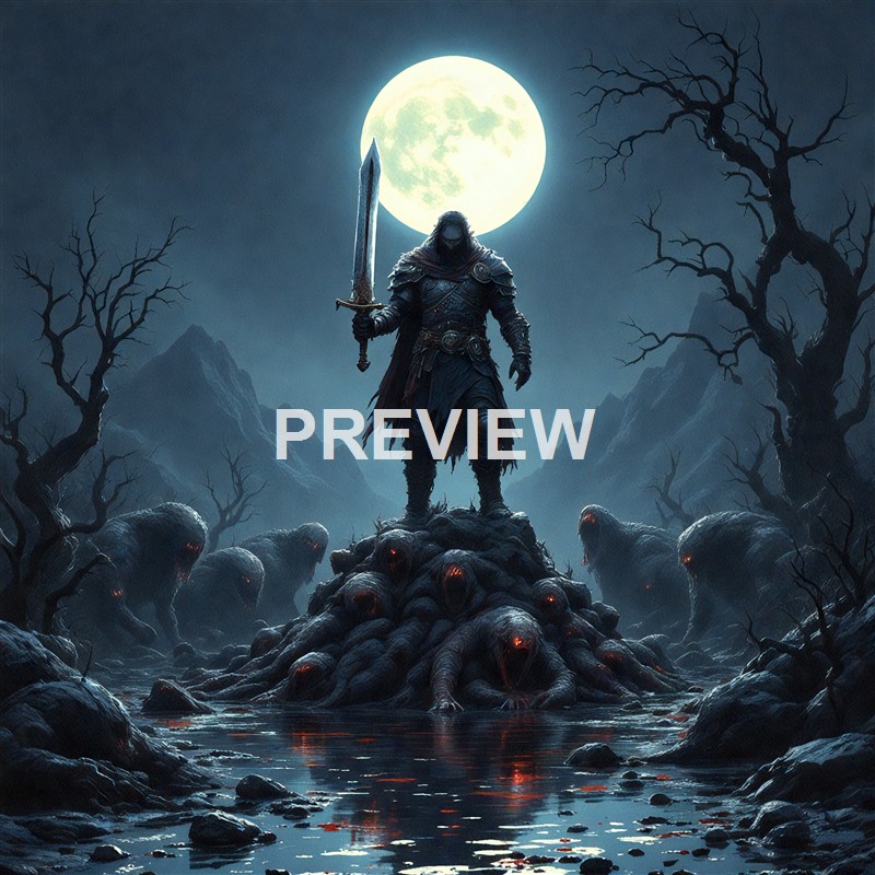 A dark, fantasy scene featuring a armored warrior holding a sword, standing atop a mound of writhing, tentacled creatures under a bright full moon with barren trees and jagged mountains in the background.